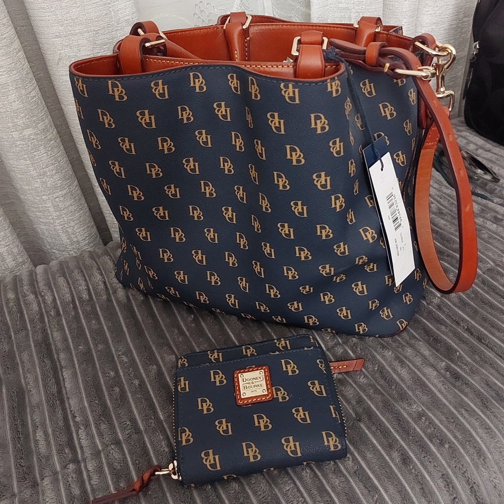 Dooney & Bourke Navy and Brown Logo Tote